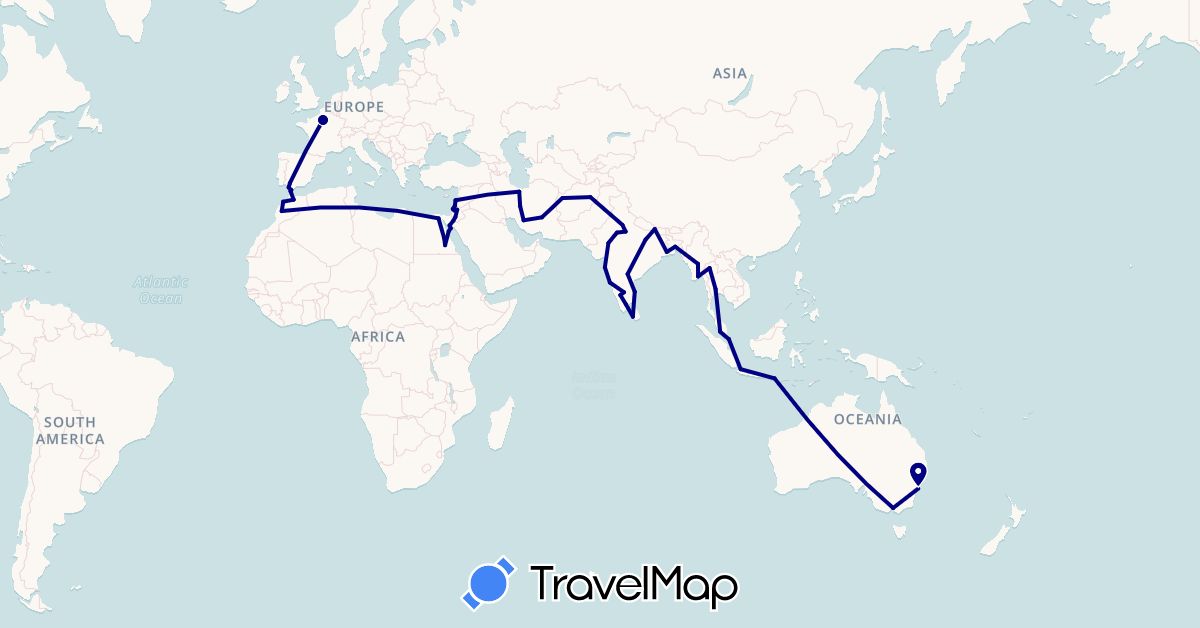 TravelMap itinerary: driving in Afghanistan, Australia, Bangladesh, Egypt, Spain, France, Indonesia, Israel, India, Iran, Jordan, Lebanon, Sri Lanka, Morocco, Myanmar (Burma), Malaysia, Nepal, Singapore, Thailand (Africa, Asia, Europe, Oceania)